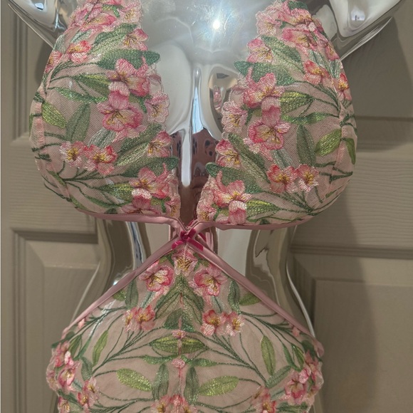 Victoria's Secret Other - Victoria's Secret Floral Embroidered Chemise - Pink and Green Teddy thongless